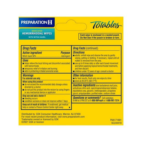 Preparation H, Totables Medicated Hemorrhoidal Wipes With Witch Hazel And Aloe Maximum Strength, 10 each