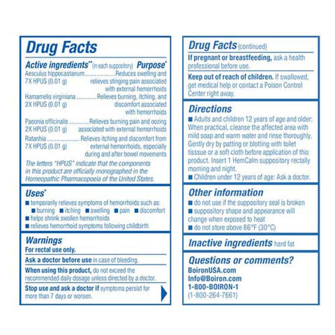 Boiron, HemCalm Suppositories Hemorrhoid Relief, 10 Count