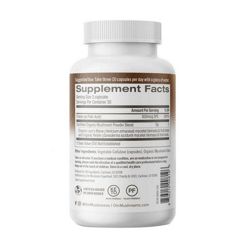 Om Mushrooms, Brain Fuel Powered By Lion'S Mane Plus Folate, 667 Mg, 90 Veg Caps Om Mushrooms