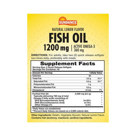 Sundance, Fish Oil Omega-3 Coated Softgels Odorless Natural Lemon, 1000 Mg, 90 Tabs Sundance