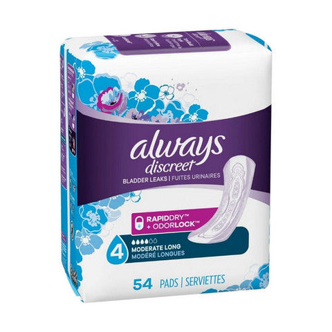Always Discreet, Bladder Control Pad 13-1/2 Inch Length Moderate Absorbency Absorbent Gel Core, Pack Of 54 Always Discreet