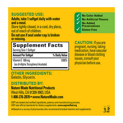 Nature Made, Vitamin E DL-Alpha, 180 Mg, 100 Softgels Nature Made