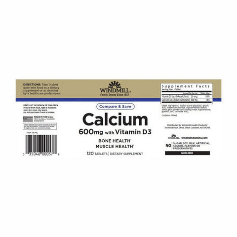 Windmill Health, Calcium as Carbonate with Vitamin D, 600 mg, 120 Tabs Windmill Health