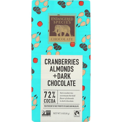 Endangered Species, Chocolate Bar Cranberries And Almonds, 3 Oz(Case Of 12) Endangered Species