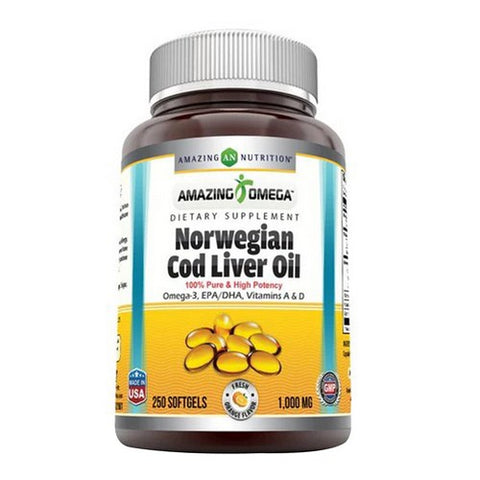 Amazing Nutrition, Amazing Omega Norwegian Cod Liver Oil Orange, 1000 mg, 250 Softgels Amazing Nutrition