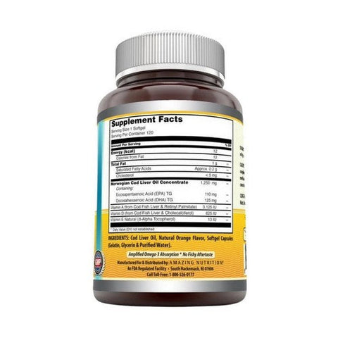 Amazing Nutrition, Amazing Omega Norwegian Cod Liver Oil Orange, 1250 mg, 120 Softgels Amazing Nutrition