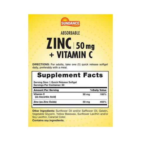 Sundance, Vitamins Absorbable Zinc + Vitamin C Quick Release, 50 Mg, 50 Softgels Sundance