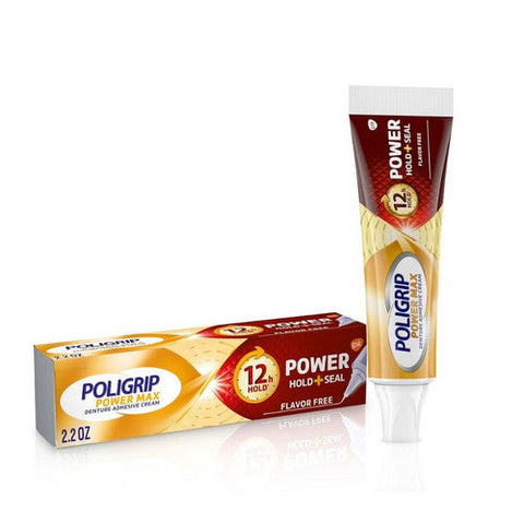 Poligrip, Power Max Power Hold Plus Seal Denture Adhesive Cream Flavor Free, 2.2 Oz Poligrip