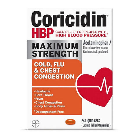 Coricidin Hbp, Maximum Strength Cold Flu And Chest Congestion Liquid Gels, 24 Caps