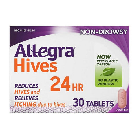 Allegra, Hives 24 Hr Fexofenadine Hcl Antihistamine, 180 Mg, 30 Tabs