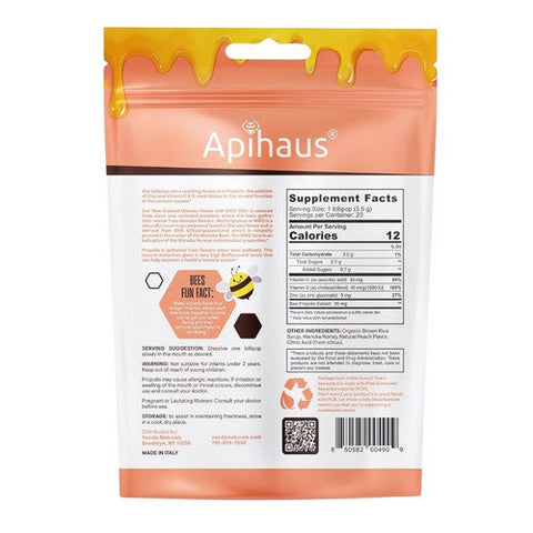 Apihaus, Manuka Honey & Propolis Lollipops Peach, 20 Lozenges Apihaus