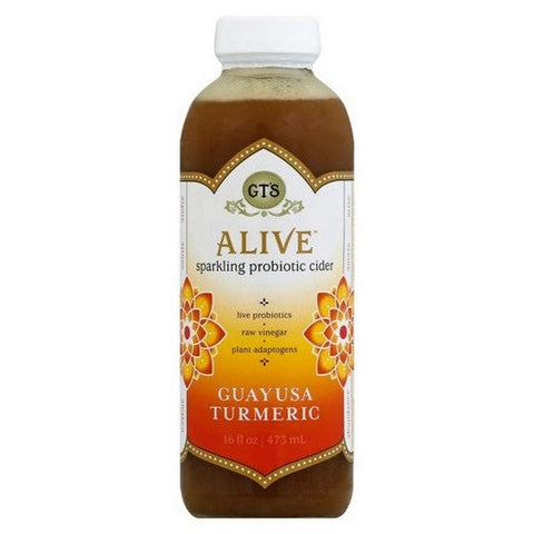 GT's, Food Alive Guayusa Turmeric Sparkling Probiotic Cider, 16 Oz (Case Of 12) GT's