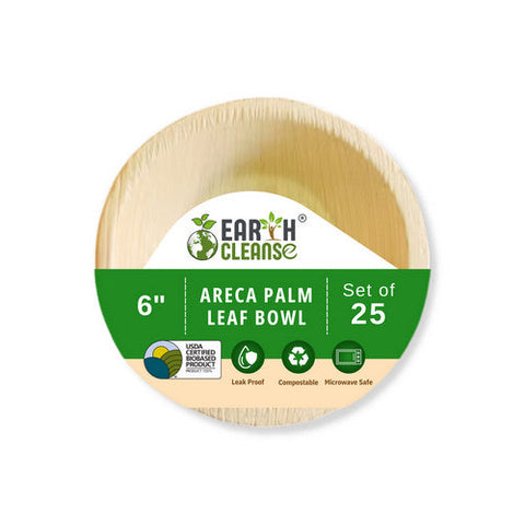 Earth Cleanse, Areca Palm Leaf Bowls Round 6-Inch, Pack of 25 Earth Cleanse