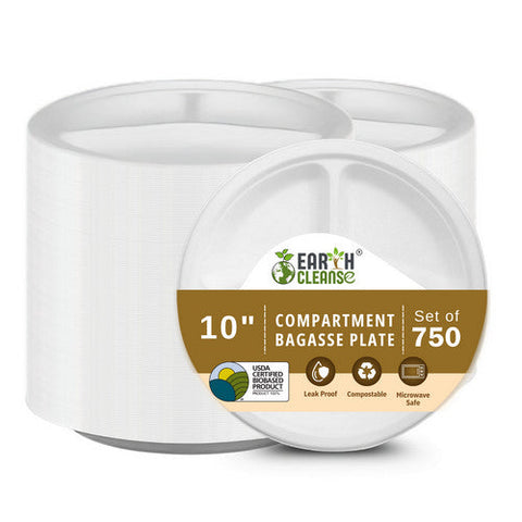 10" Round 3 Compartment Round Bagasse Plate Premium 750 Pack by Earth Cleanse Earth Cleanse