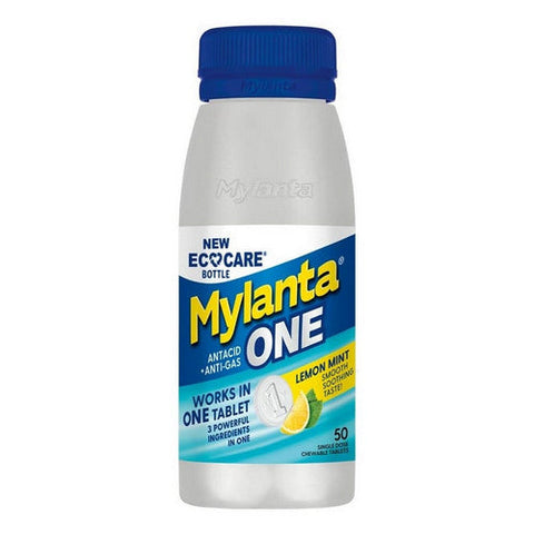 Mylanta, One Antacid + Anti-Gas Chewable Tablets Lemon Mint, 50 Count Mylanta