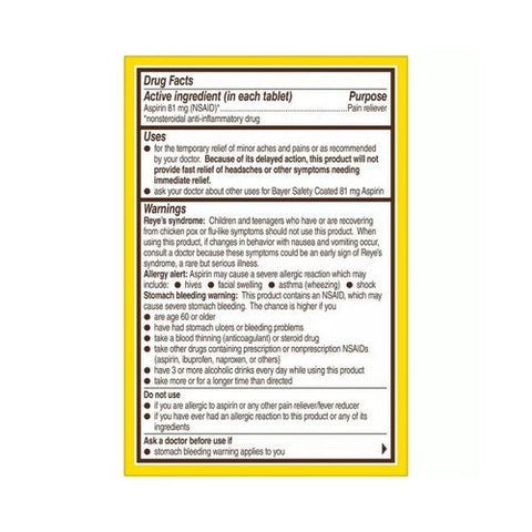 Bayer, Low Dose Safety Coated Aspirin Regimen Pain Reliever, 81 Mg, 120 tabs Bayer