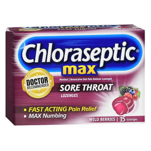 Chloraseptic, Benzocaine Oral Pain Reliever Sore Throat Lozenges Wild Berries Max, 15 Count Chloraseptic